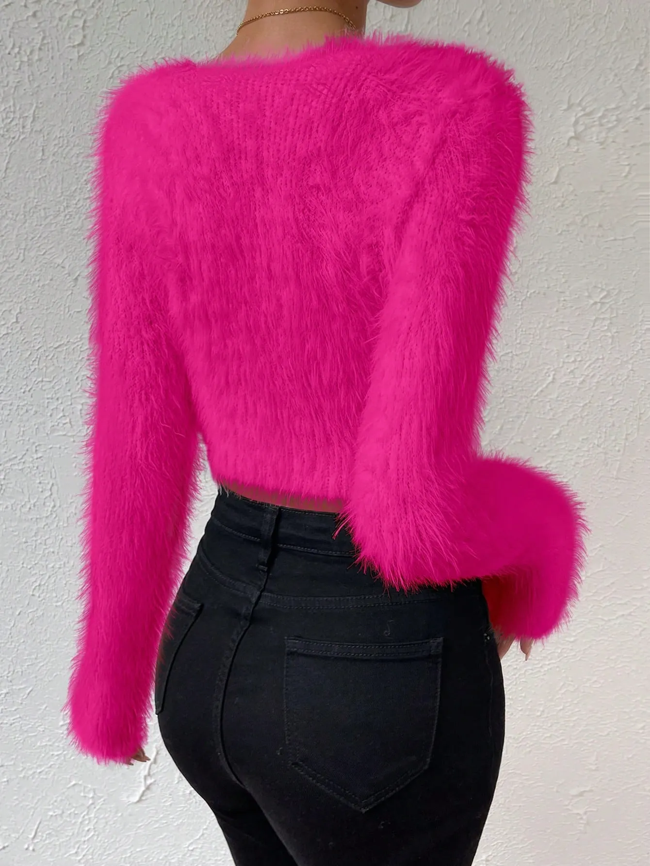 Solid V Neck Crop Fuzzy Sweater