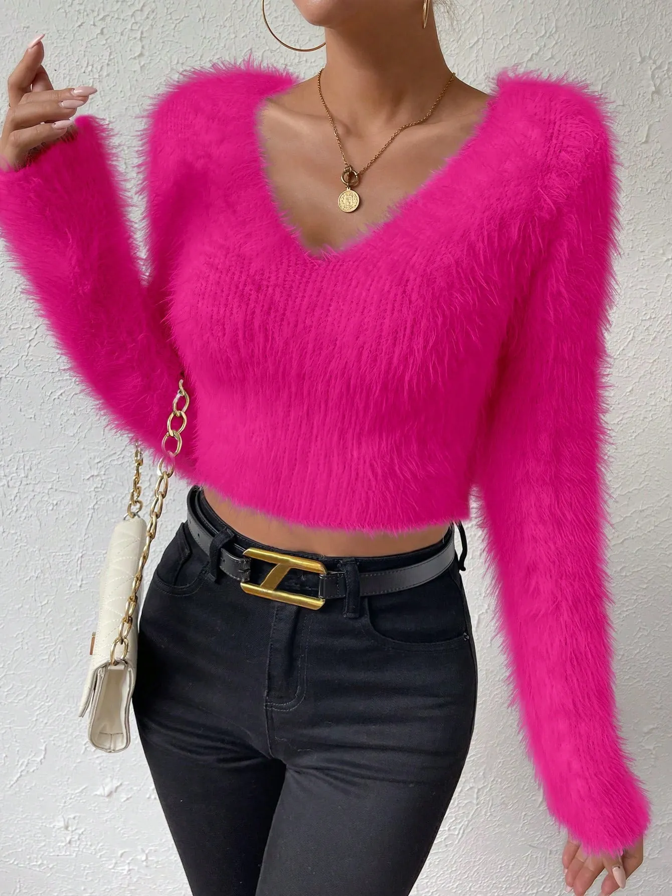 Solid V Neck Crop Fuzzy Sweater