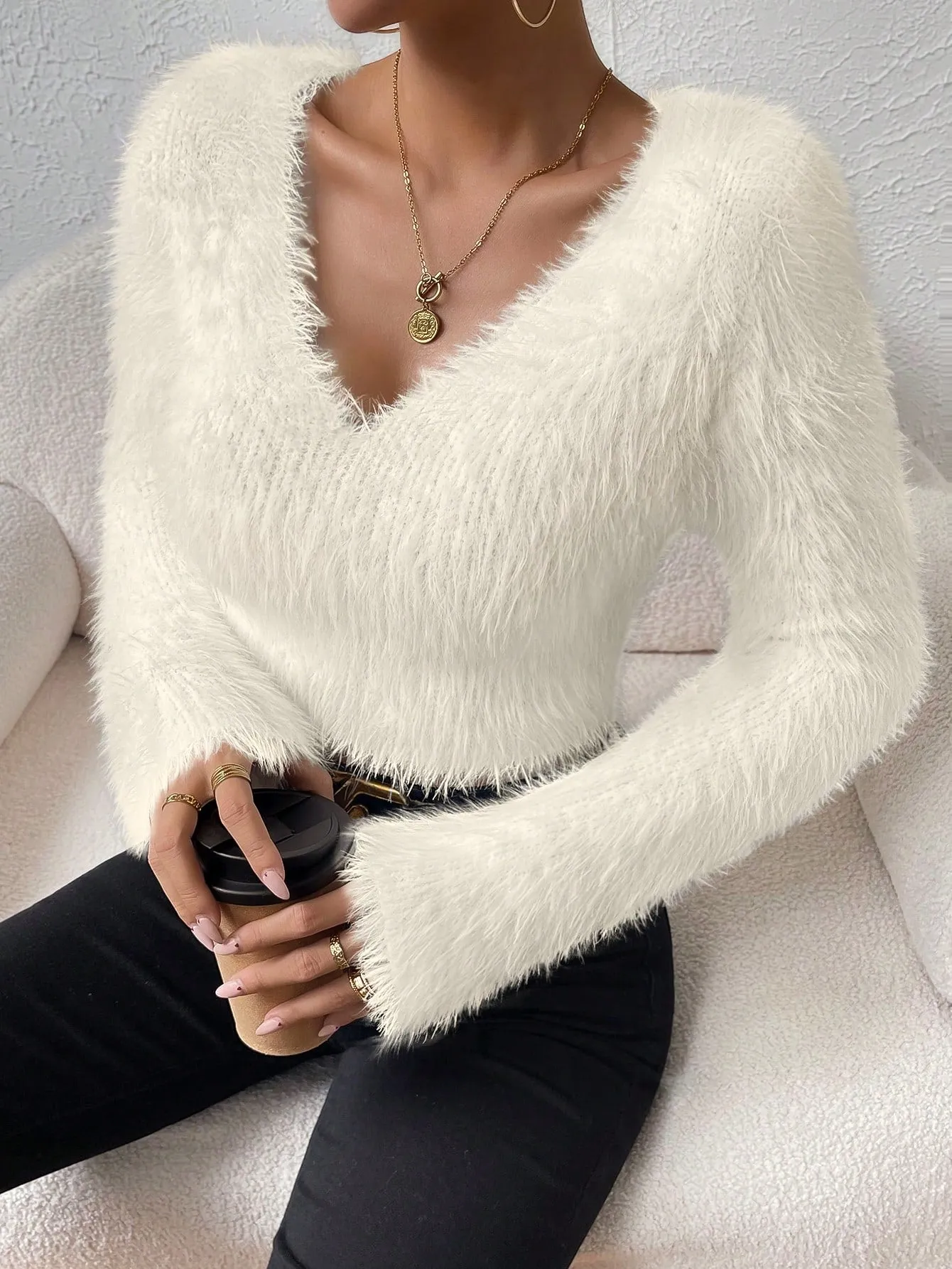 Solid V Neck Crop Fuzzy Sweater