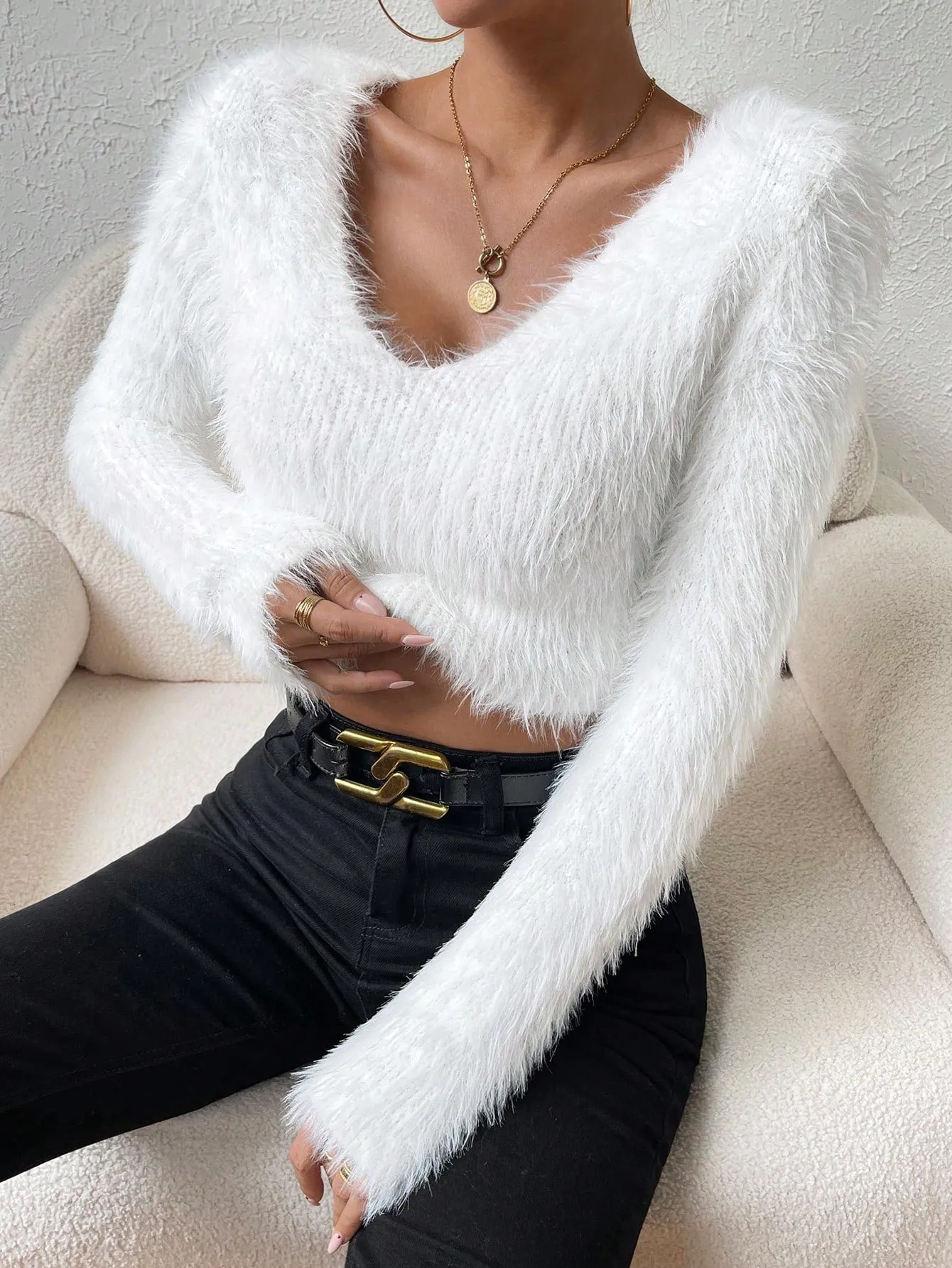 Solid V Neck Crop Fuzzy Sweater