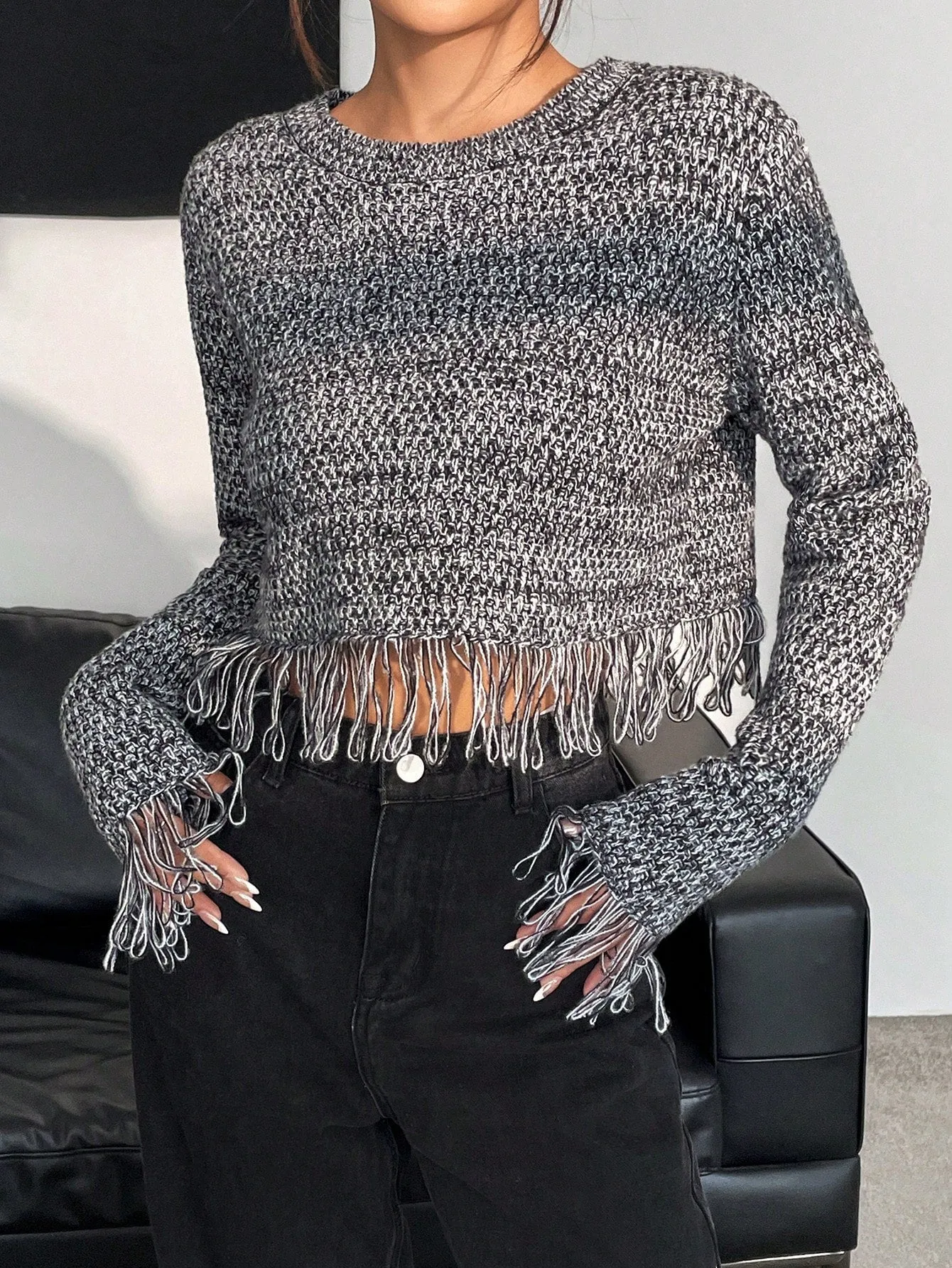 Space Dye Fringe Hem Crop Sweater