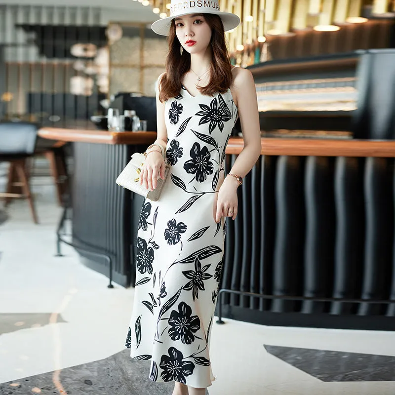 Spring Summer Korean Style Fashion Print Dress MidLength Slip Dress