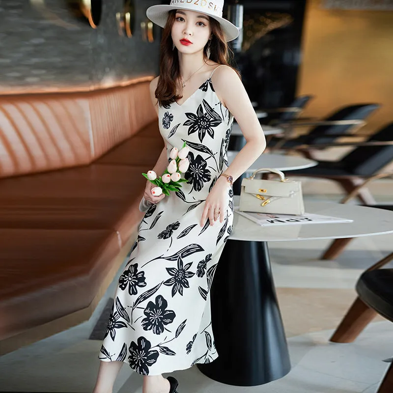 Spring Summer Korean Style Fashion Print Dress MidLength Slip Dress