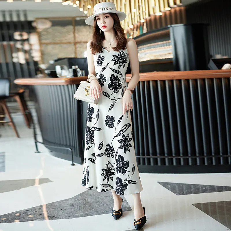 Spring Summer Korean Style Fashion Print Dress MidLength Slip Dress