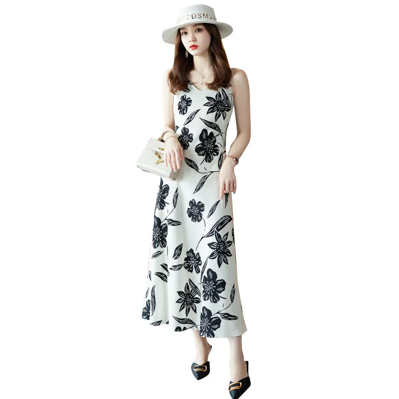 Spring Summer Korean Style Fashion Print Dress MidLength Slip Dress