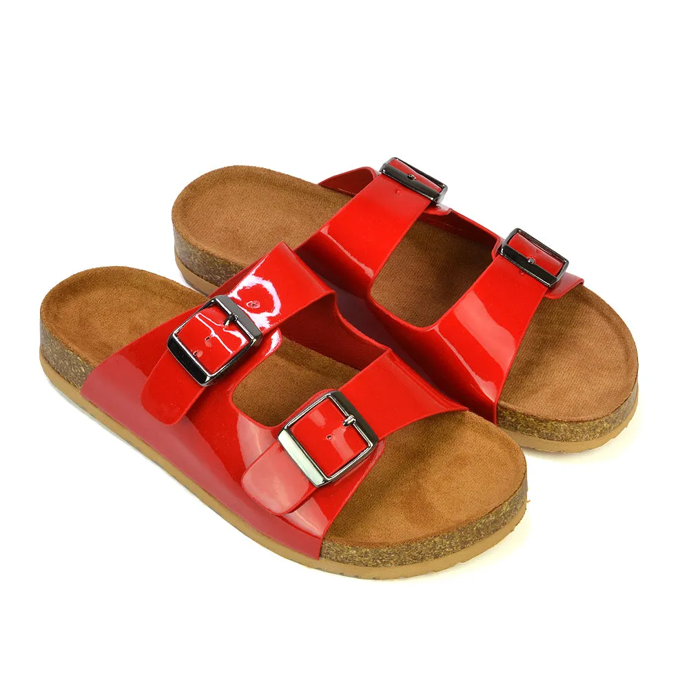 Star Double Buckle Strap Flat Slider Casual Footbed Summer Mule Sandals in Tan