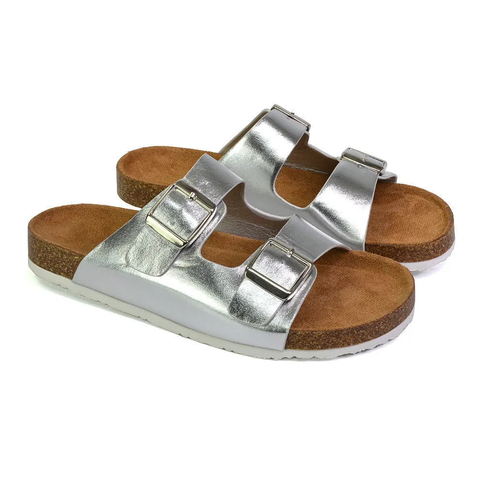 Star Double Buckle Strap Flat Slider Casual Footbed Summer Mule Sandals in Tan