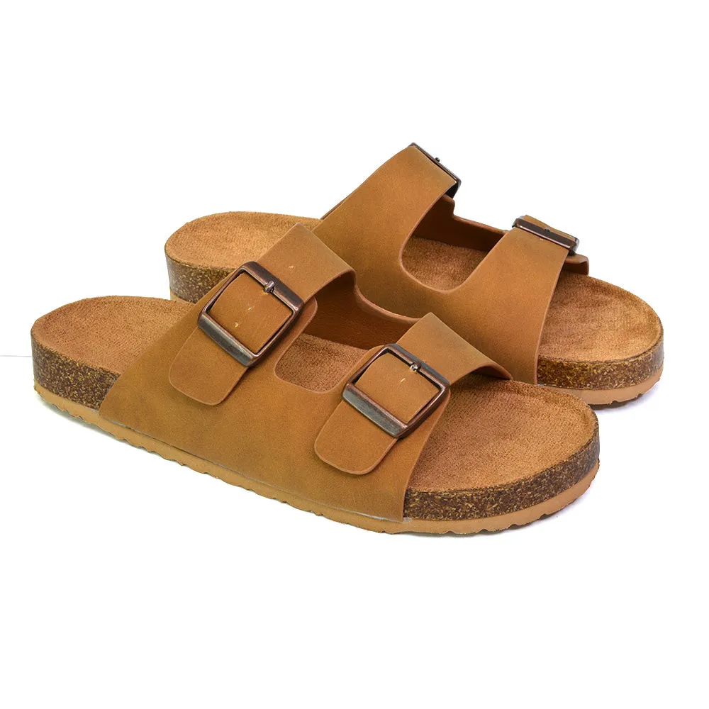 Star Double Buckle Strap Flat Slider Casual Footbed Summer Mule Sandals in Tan