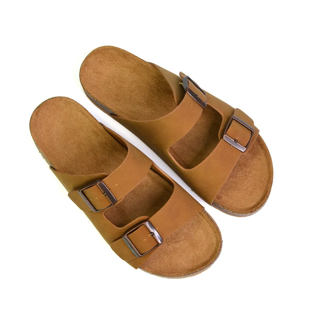 Star Double Buckle Strap Flat Slider Casual Footbed Summer Mule Sandals in Tan