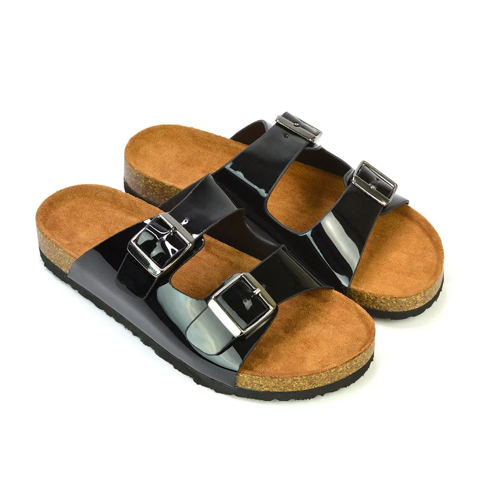 Star Double Buckle Strap Flat Slider Casual Footbed Summer Mule Sandals in Tan