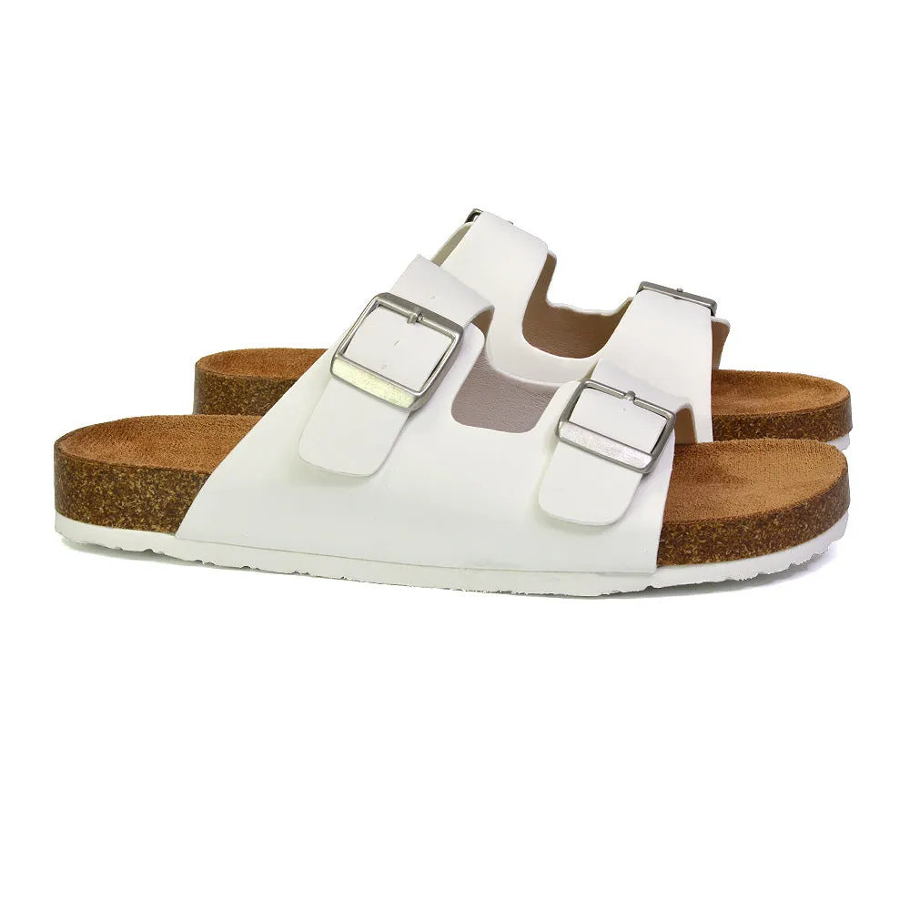 Star Double Buckle Strap Flat Slider Casual Footbed Summer Mule Sandals in Tan