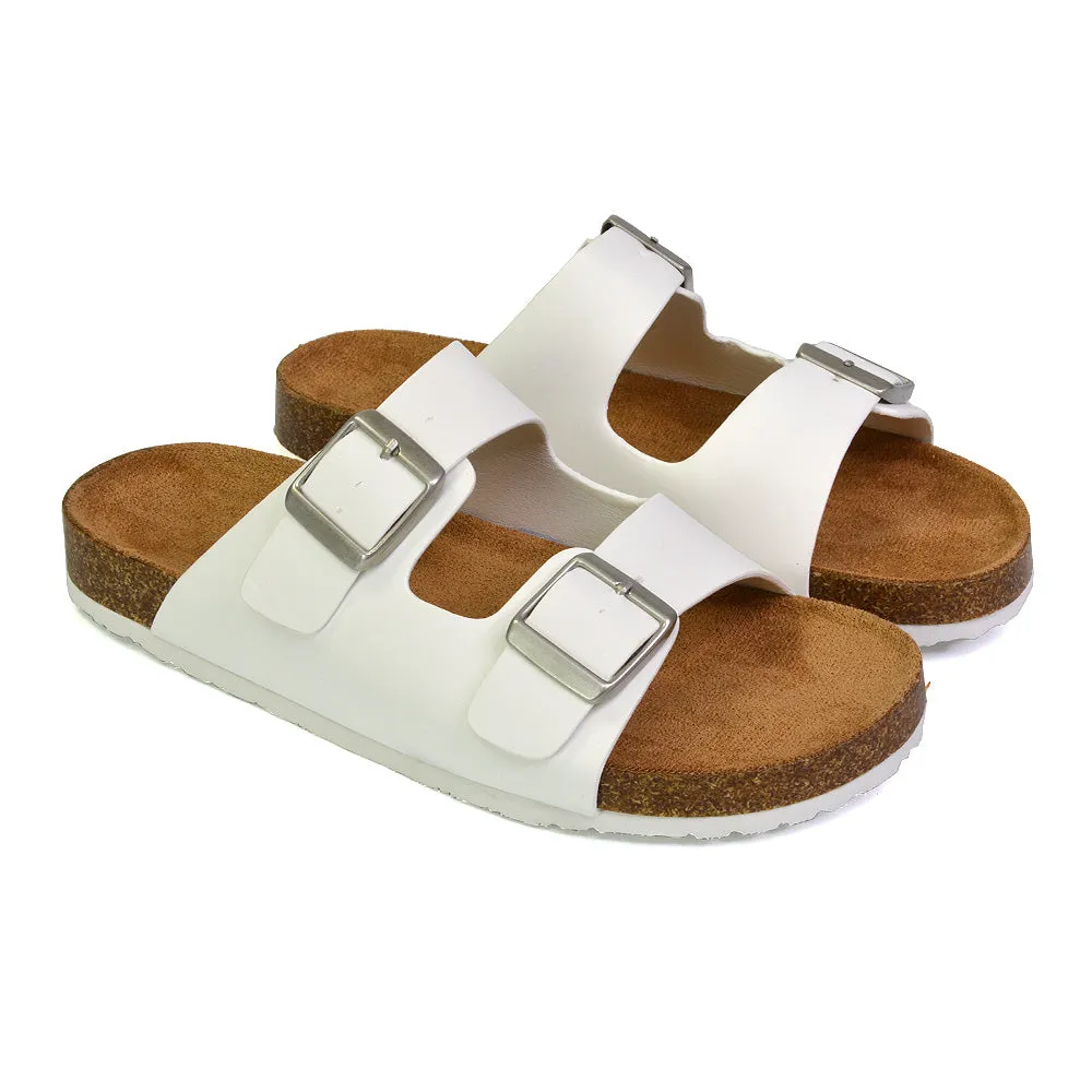 Star Double Buckle Strap Flat Slider Casual Footbed Summer Mule Sandals in Tan