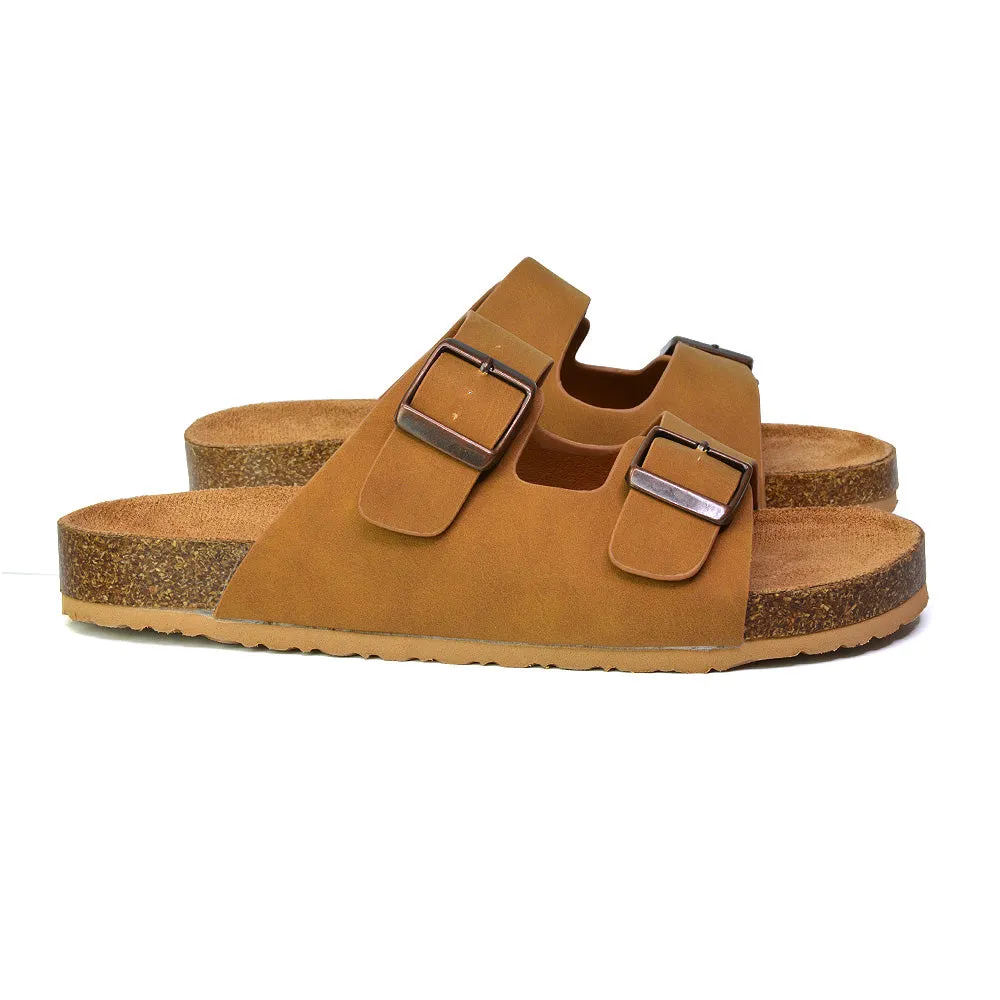 Star Double Buckle Strap Flat Slider Casual Footbed Summer Mule Sandals in Tan