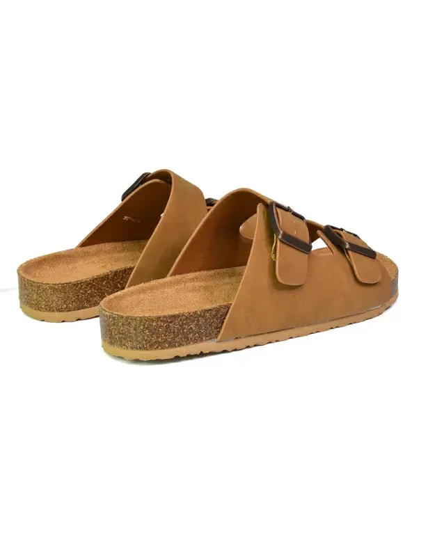 Star Double Buckle Strap Flat Slider Casual Footbed Summer Mule Sandals in Tan