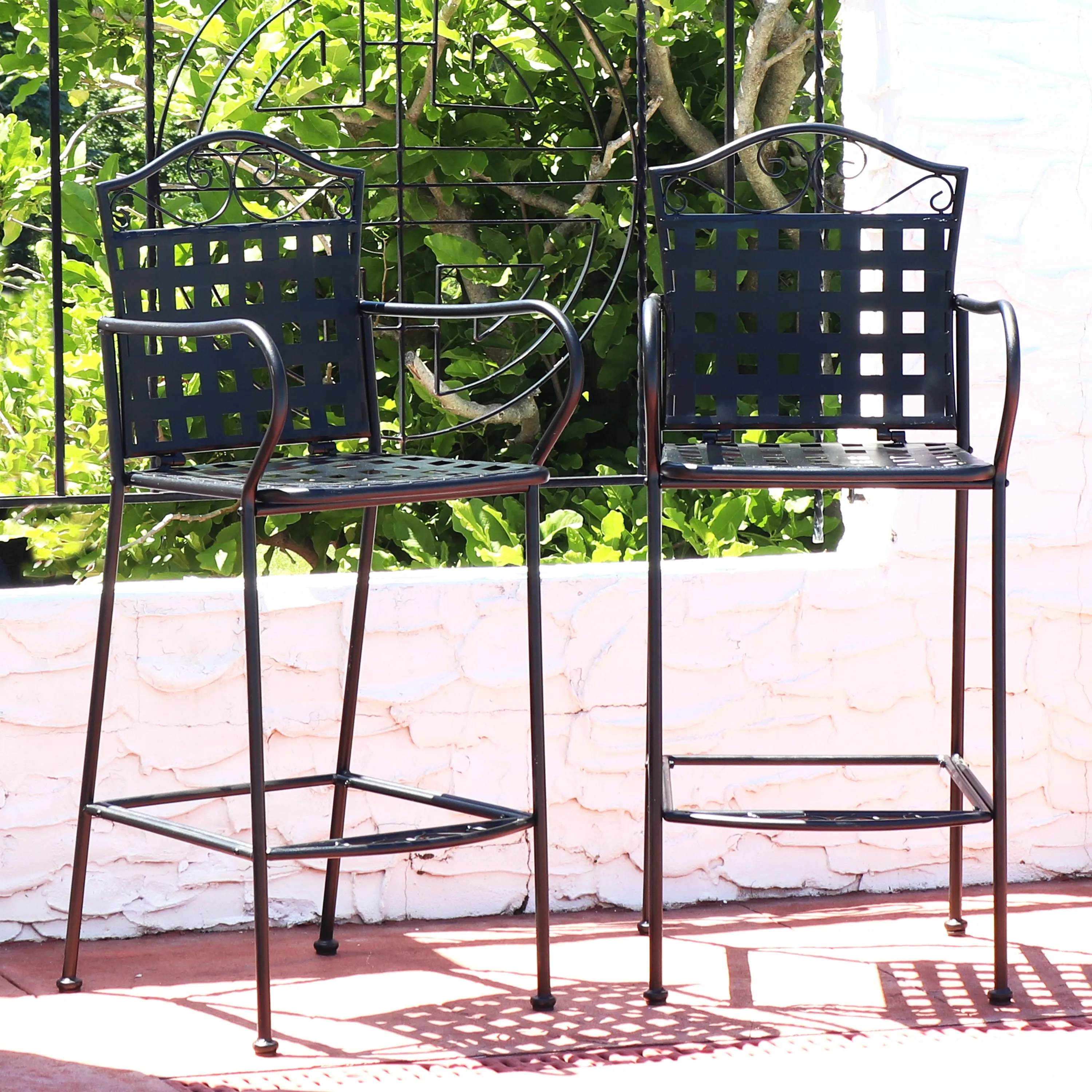 Sunnydaze Outdoor Black Wrought Iron Scrolling Bar Chairs - Set of 2