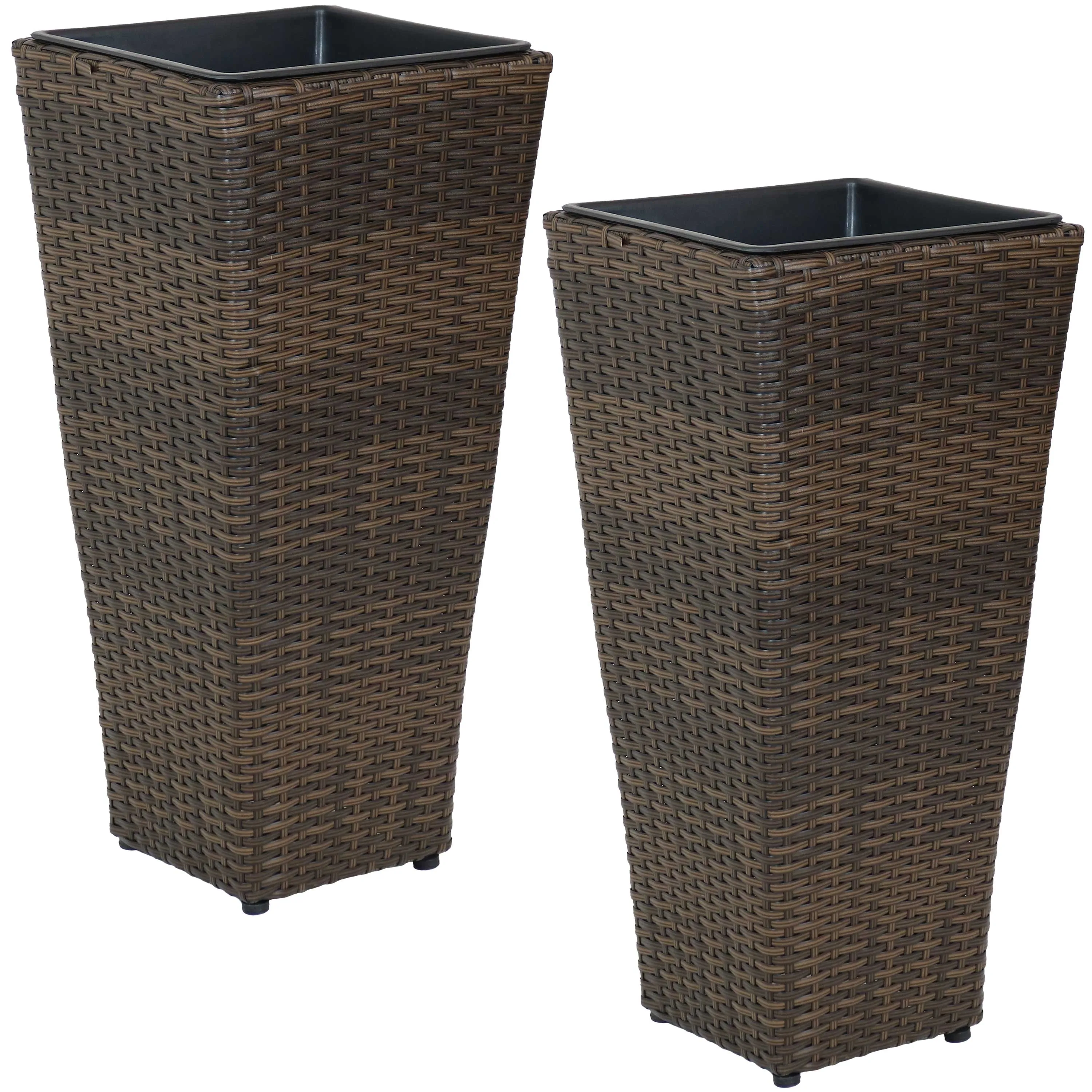 Sunnydaze Polyrattan Tall Square Planter - Brown - Set of 2