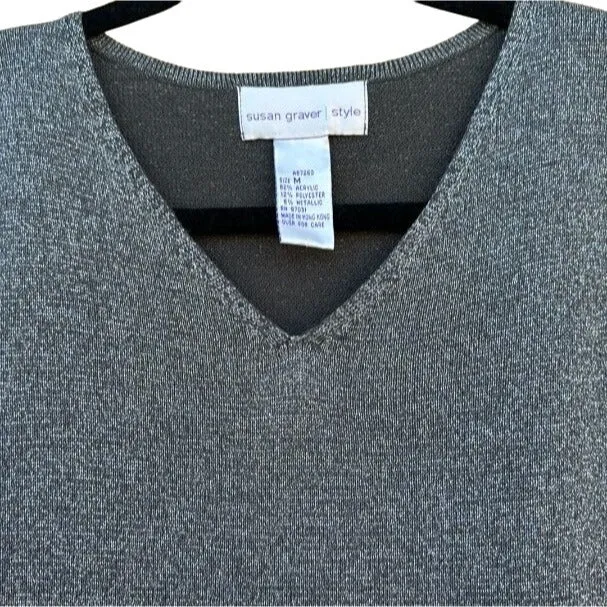 Susan Graver Style V Neck Long Sleeve Gray Glitter Metallic Lightweight Sweater