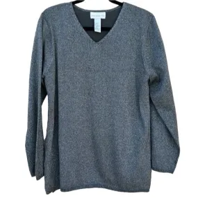 Susan Graver Style V Neck Long Sleeve Gray Glitter Metallic Lightweight Sweater