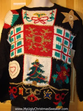 Tacky 80s Ugly Christmas Sweater with Grid of Plaid Squares and Decorations (f591)