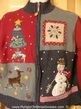 Tacky Christmas Sweater with Reindeer, Tree, and Snowman (f1377)