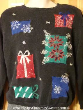 Tacky Holiday Sweater with 80s Style Padded Shoulders and Festive Snowflakes and Gifts (f1036)