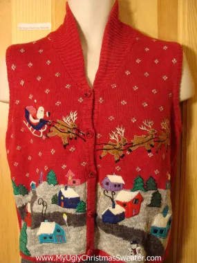 Tacky Ugly Christmas Sweater Vest with Santa and Reindeer Flying over a Winter Wonderland Town (f718)