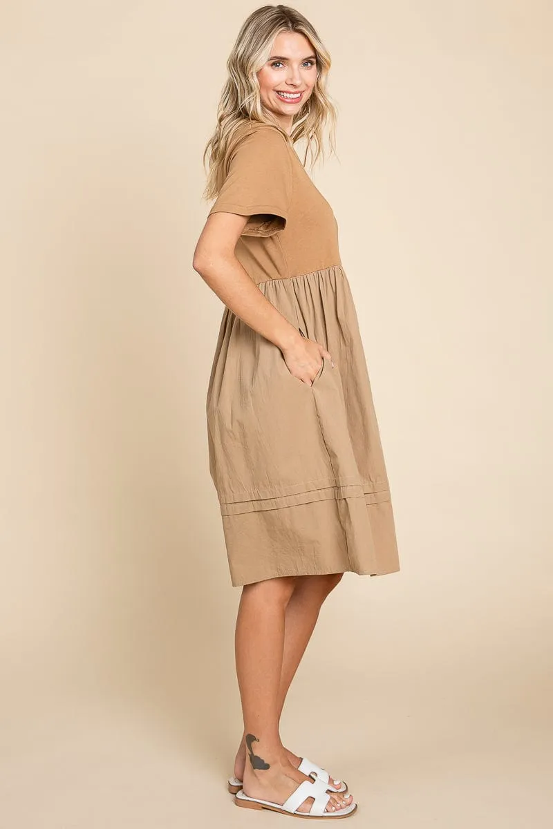 Tiered Short Sleeve Cotton Pleated T shirt Dress