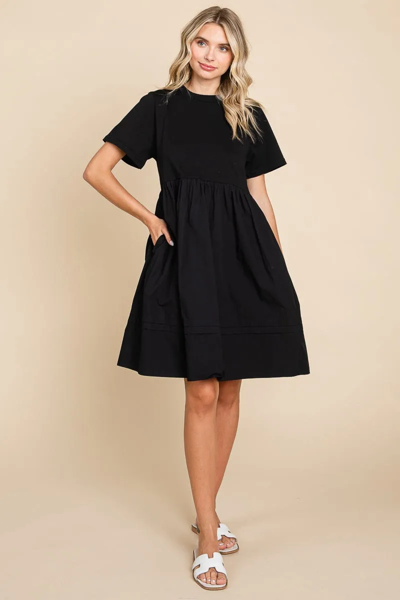 Tiered Short Sleeve Cotton Pleated T shirt Dress