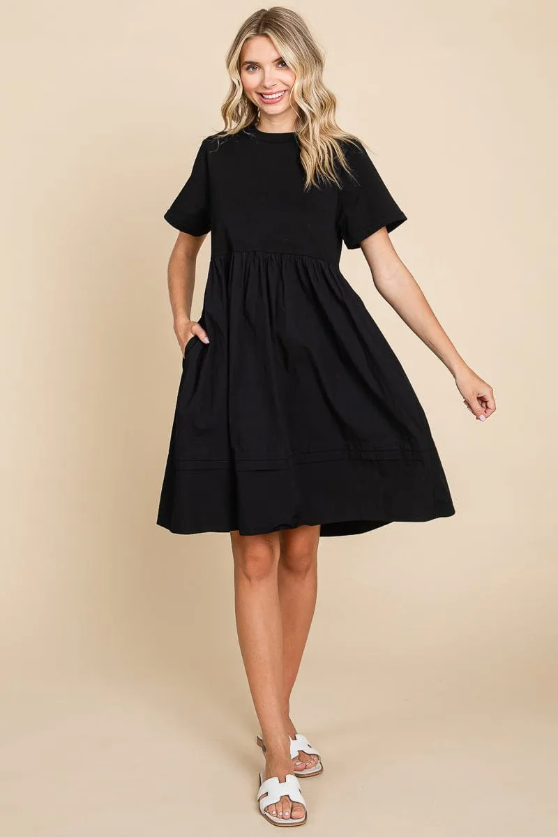 Tiered Short Sleeve Cotton Pleated T shirt Dress