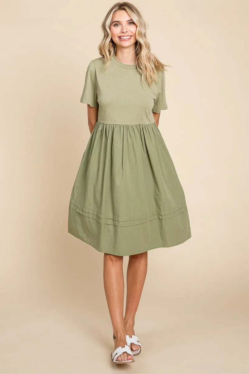 Tiered Short Sleeve Cotton Pleated T shirt Dress