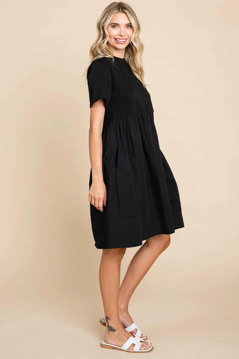 Tiered Short Sleeve Cotton Pleated T shirt Dress