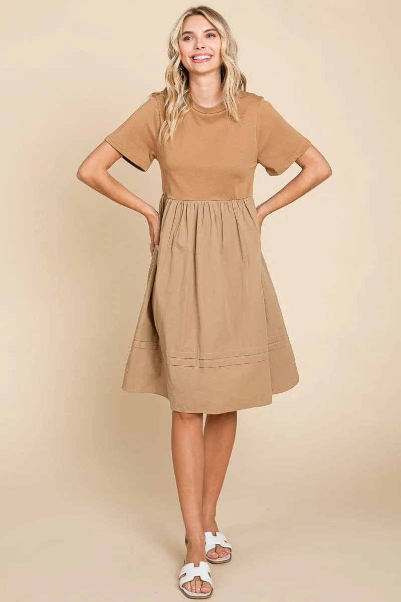 Tiered Short Sleeve Cotton Pleated T shirt Dress