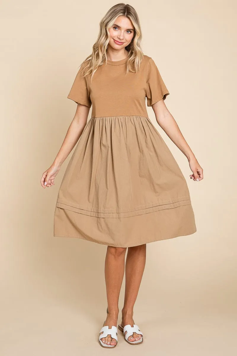 Tiered Short Sleeve Cotton Pleated T shirt Dress