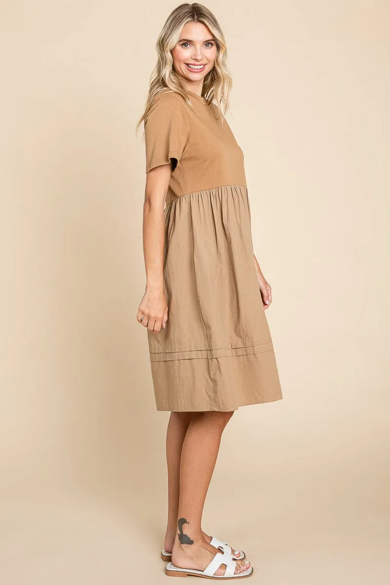 Tiered Short Sleeve Cotton Pleated T shirt Dress