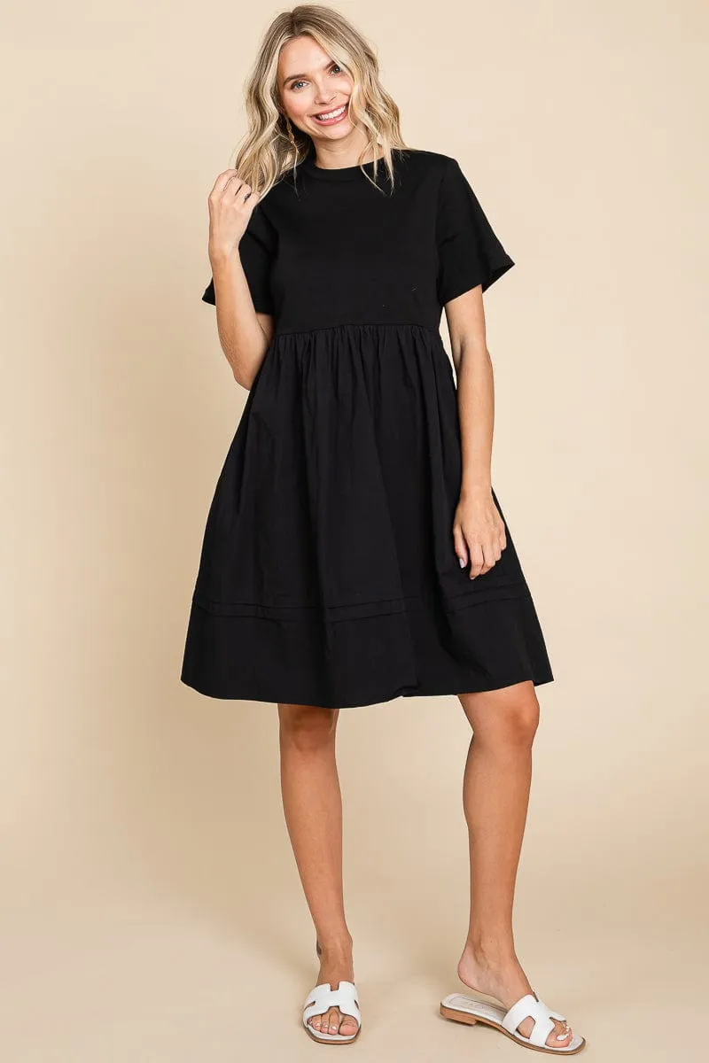 Tiered Short Sleeve Cotton Pleated T shirt Dress