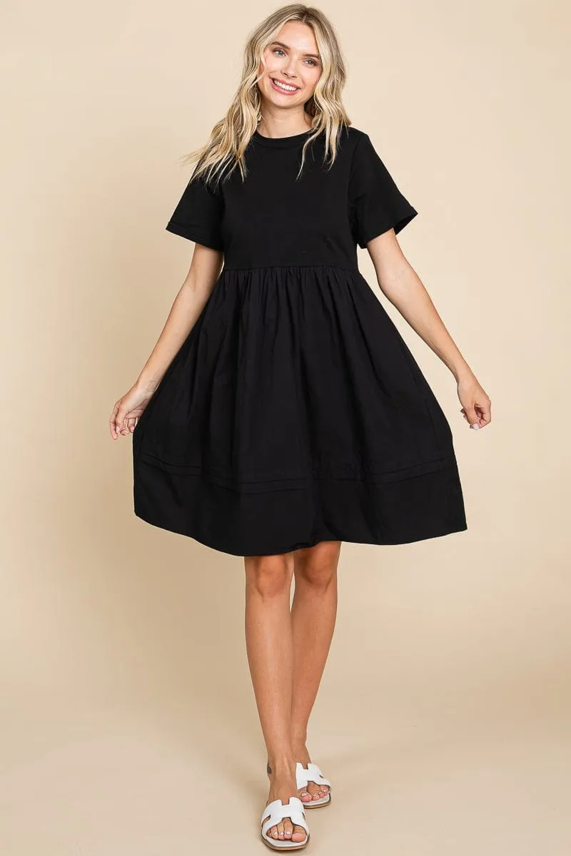 Tiered Short Sleeve Cotton Pleated T shirt Dress