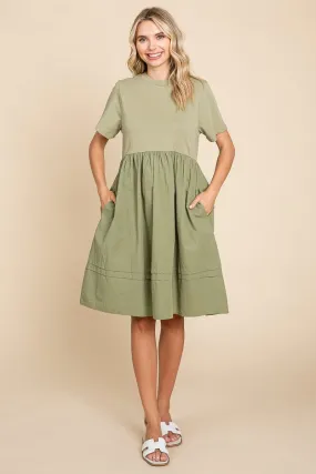 Tiered Short Sleeve Cotton Pleated T shirt Dress