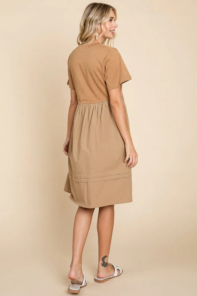 Tiered Short Sleeve Cotton Pleated T shirt Dress