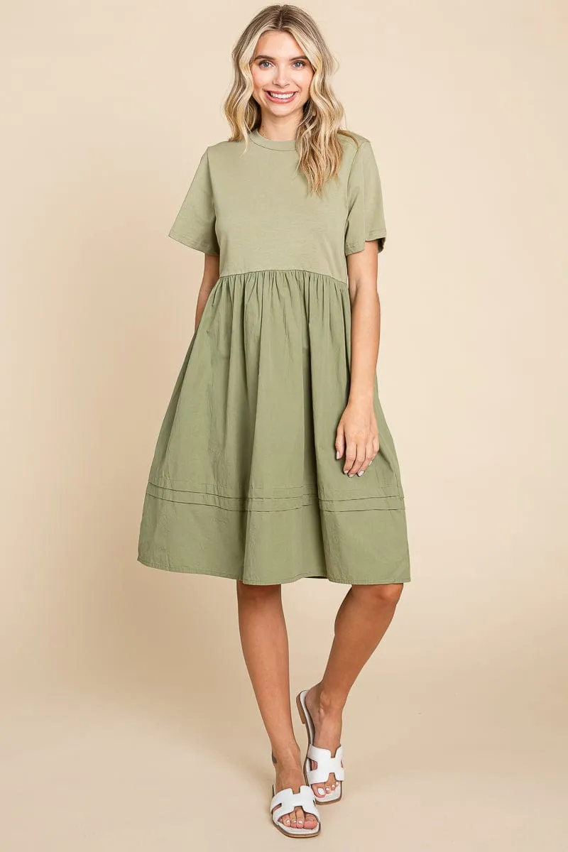 Tiered Short Sleeve Cotton Pleated T shirt Dress