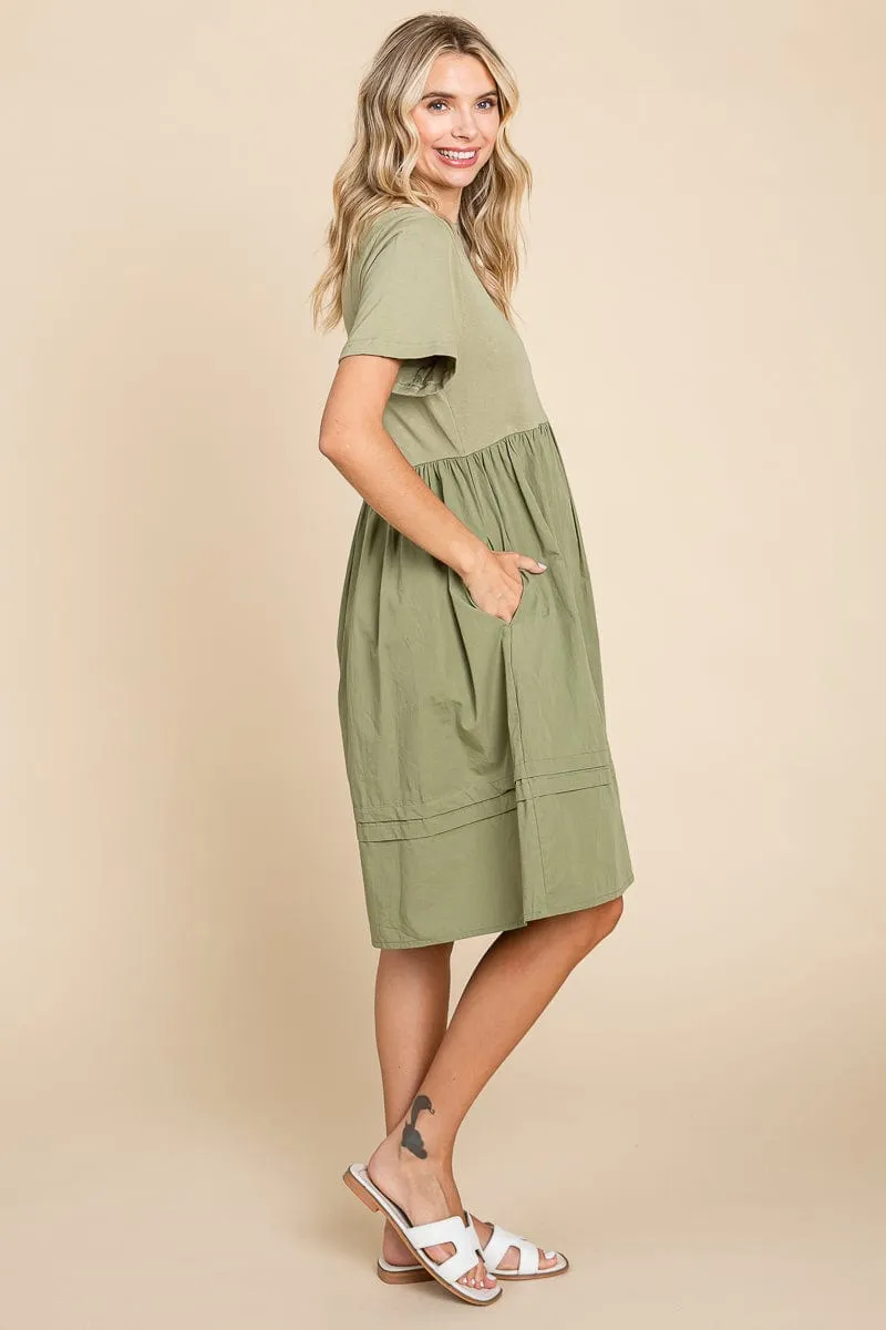 Tiered Short Sleeve Cotton Pleated T shirt Dress