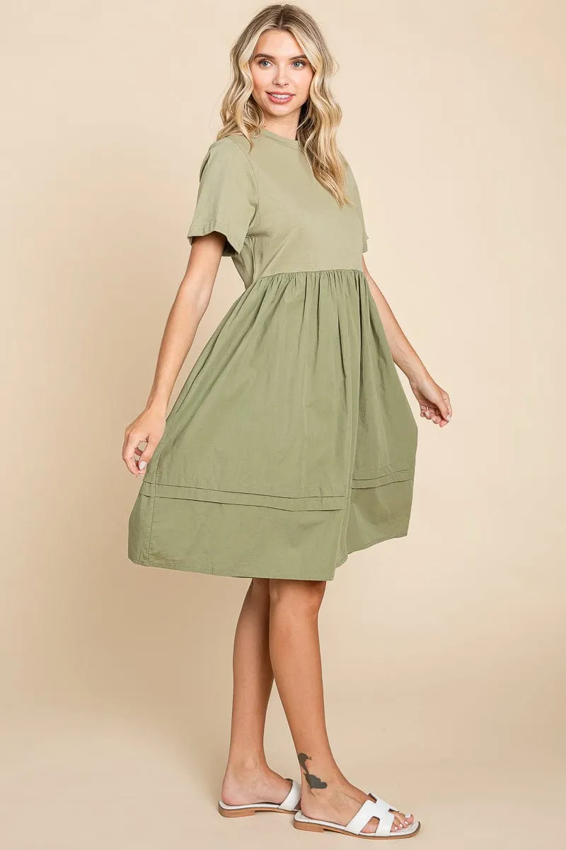 Tiered Short Sleeve Cotton Pleated T shirt Dress