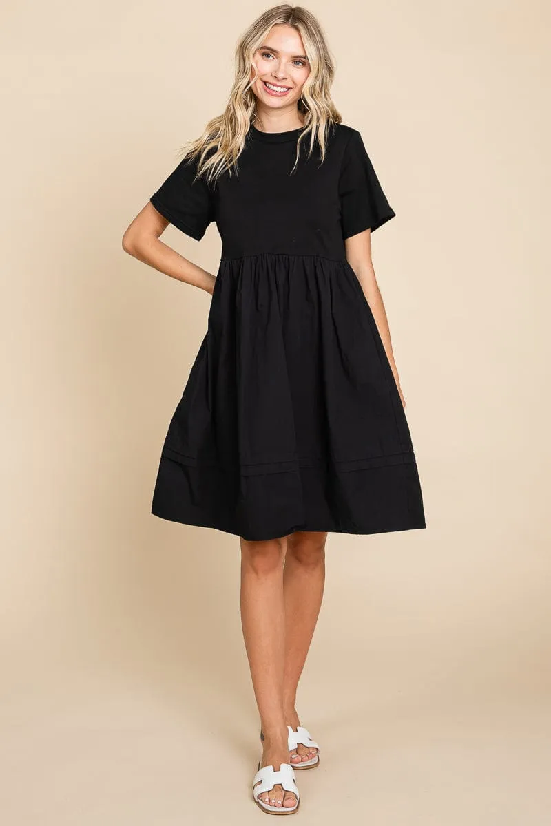 Tiered Short Sleeve Cotton Pleated T shirt Dress