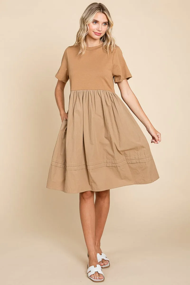 Tiered Short Sleeve Cotton Pleated T shirt Dress