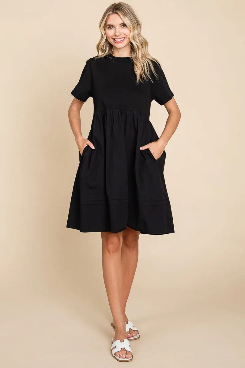 Tiered Short Sleeve Cotton Pleated T shirt Dress