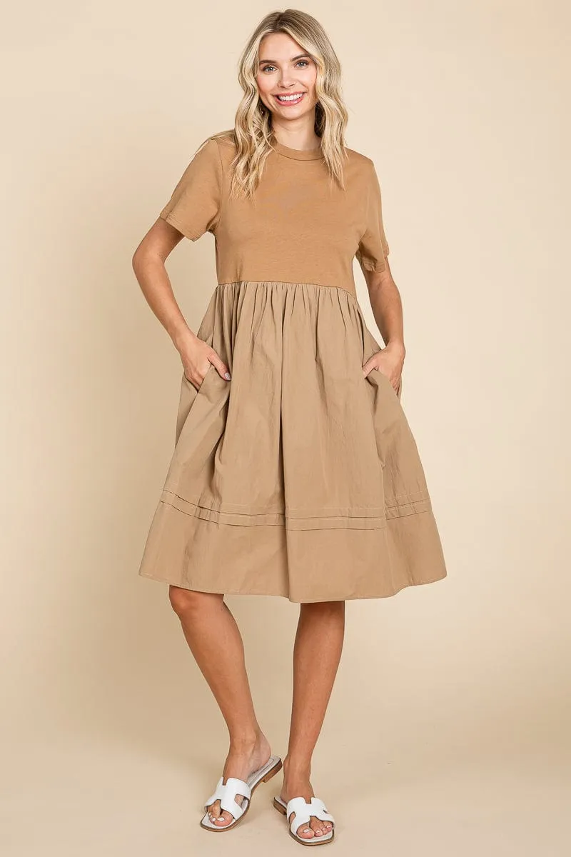 Tiered Short Sleeve Cotton Pleated T shirt Dress