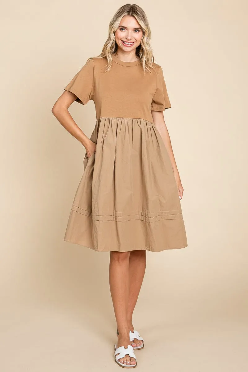 Tiered Short Sleeve Cotton Pleated T shirt Dress