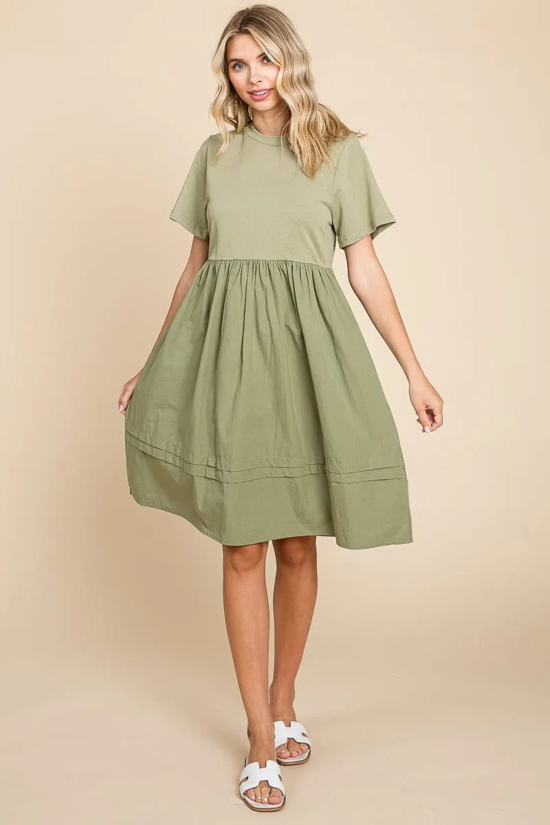 Tiered Short Sleeve Cotton Pleated T shirt Dress