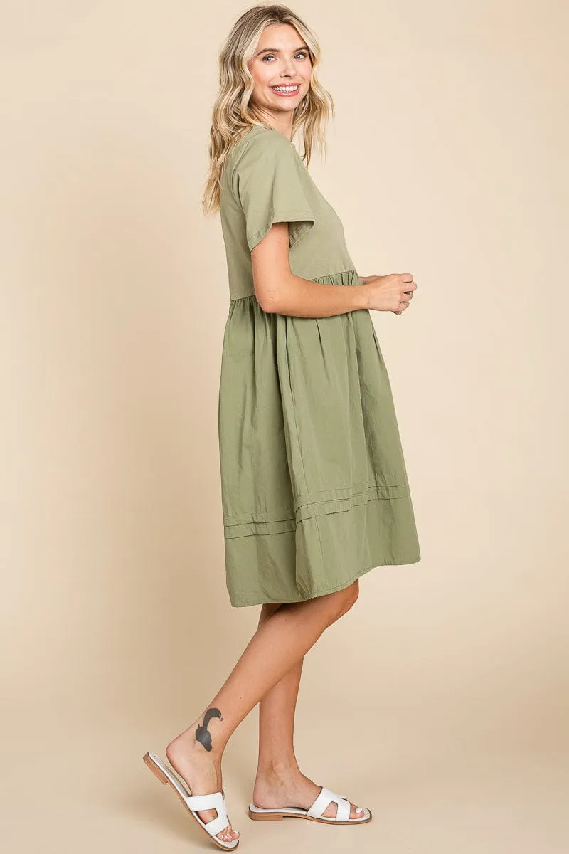 Tiered Short Sleeve Cotton Pleated T shirt Dress