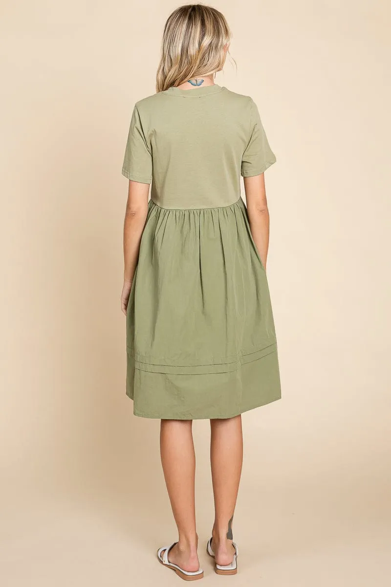 Tiered Short Sleeve Cotton Pleated T shirt Dress