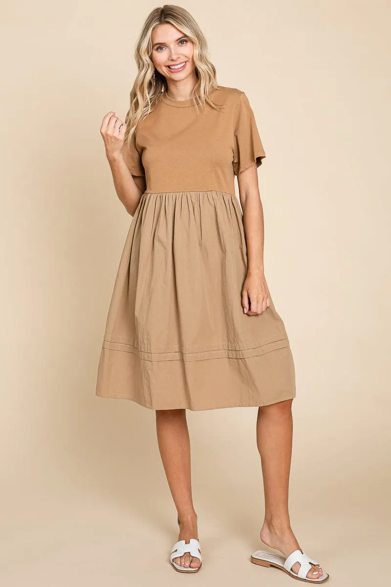 Tiered Short Sleeve Cotton Pleated T shirt Dress